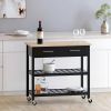 Modern Black Kitchen Island Cart with Wood Top 2 Drawers and 2 Bottom Shelves