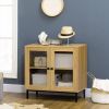 Modern Glass Door Sideboard Buffet Dining Storage Cabinet in Oak Wood Finish