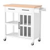 White Kitchen Island Cart with Wood Top Storage Cabinet and Locking Casters