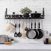 Black Metal Rectangular Wall Mounted Kitchen Pot Rack with 12 Hanging Hooks