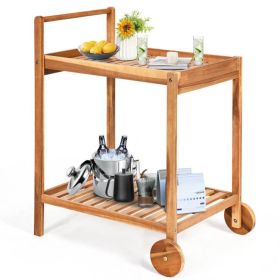 Solid Wood Rolling Serving Cart Kitchen Island with Bottom Shelf