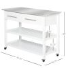 White Rolling Kitchen Island 2 Drawers Storage with Stainless Steel Top