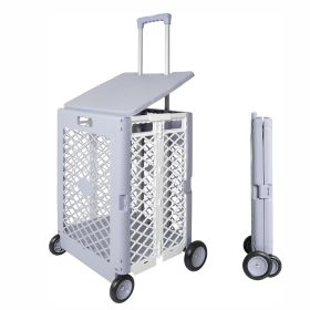 55L Foldable Rolling Cart with Wheels, Portable Updated Utility Tools Rolling Crate w/ Telescopic Handle, Yellow/Gray with Lid (sku: TL1007)